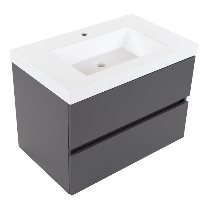 Top view Innes 30.5" W gray floating bathroom vanity with 2 flat-panel drawers, white sink top