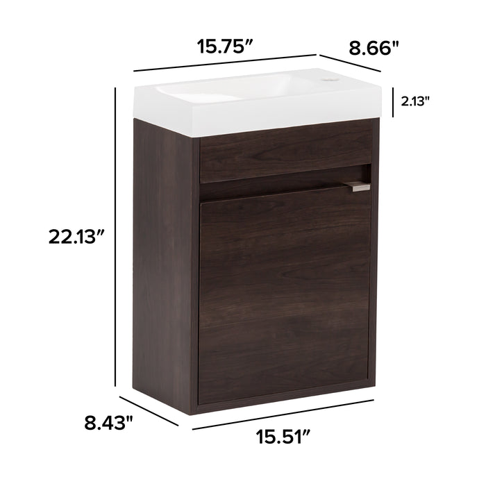 Measurements on Kambree 15.75 in. floating 1-door bathroom vanity with dark woodgrain finish and white sink top: 15.75 in W x 22.13 in H x 8.43 in D