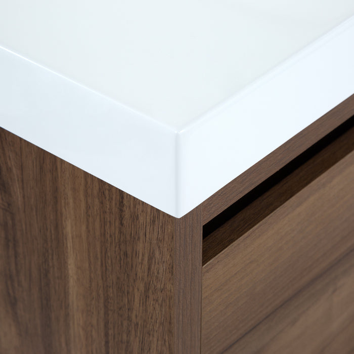 Closeup of corner of Kelby 48.5" W modern floating bathroom vanity with caramel mist woodgrain finish