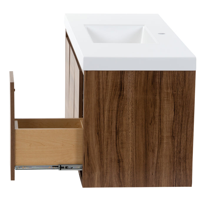 Side view of Kelby 48.5" W woodgrain floating bathroom vanity 1 open drawer, white sink top