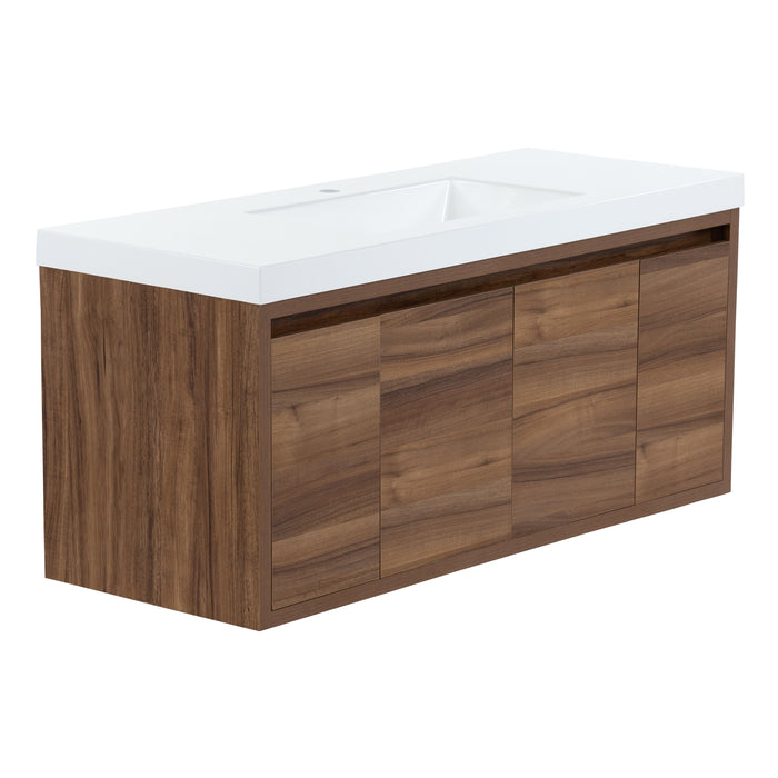 Left side of Kelby 48.5" W woodgrain floating bathroom vanity with 2 flat-panel doors and 2 drawers, white sink top