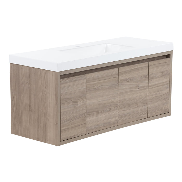 Left side of Kelby 48.5" W woodgrain floating bathroom vanity with 2 flat-panel doors and 2 drawers, white sink top