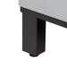 Closeup of black adjustable leg on Mayim 24.5 small gray bathroom vanity with 2 drawers, black adjustable legs, black ledge pulls, and white sink top