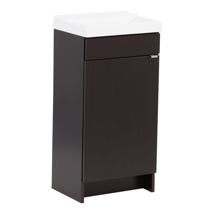 Left side of Merton 17" W 1-door dark woodgrain cabinet-style bathroom vanity with flat-panel door, satin nickel pull, white sink