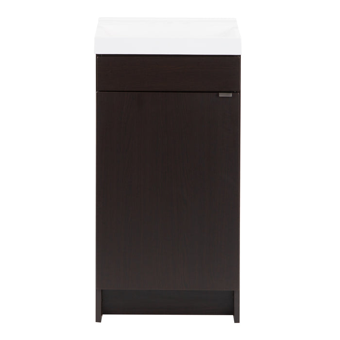 Merton 17" W 1-door dark woodgrain cabinet-style bathroom vanity with flat-panel door, satin nickel pull, white sink top