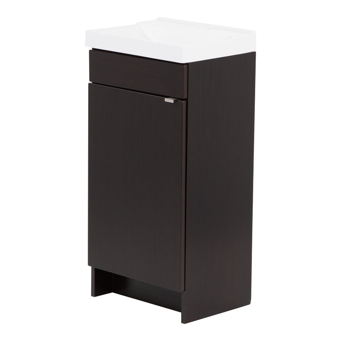 Right side of Merton 17" W one door dark woodgrain cabinet-style bathroom vanity with flat-panel door, satin nickel pull, white sink