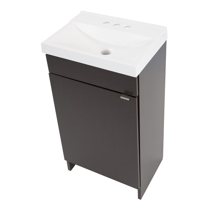 Top view of Merton 17" W one door dark woodgrain cabinet-style bathroom vanity with white sink top