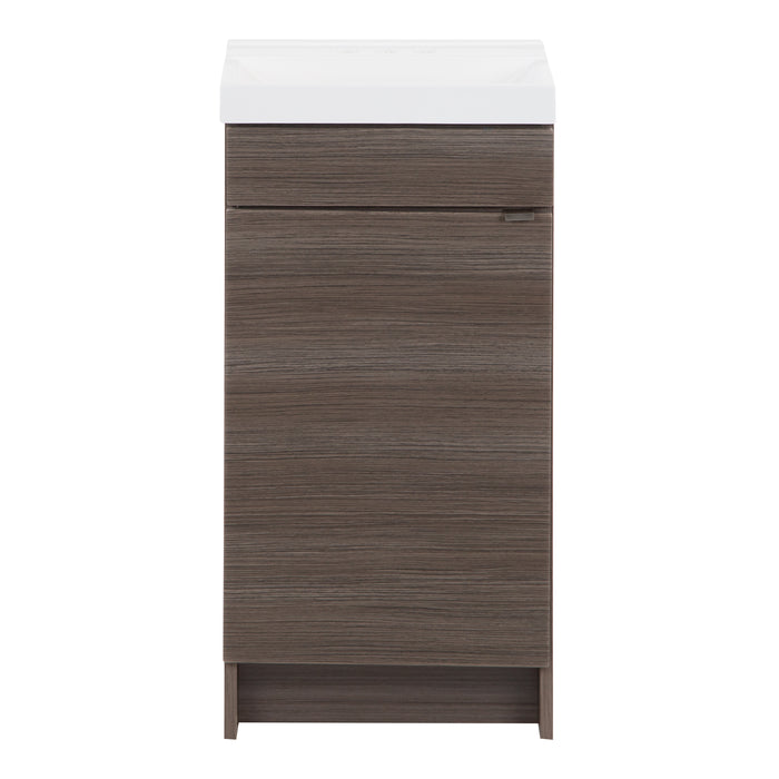 Merton 17" W one door woodgrain cabinet-style bathroom vanity with flat-panel door, satin nickel legde pull, white sink top