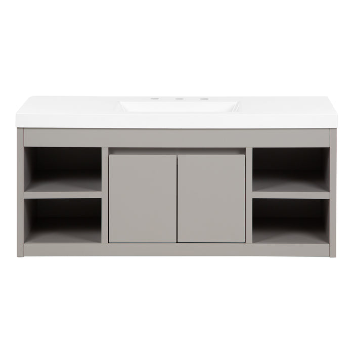 Narelle 48.5 in. gray floating bathroom vanity with 2-door cabinet, 4 open shelves, and white sink top