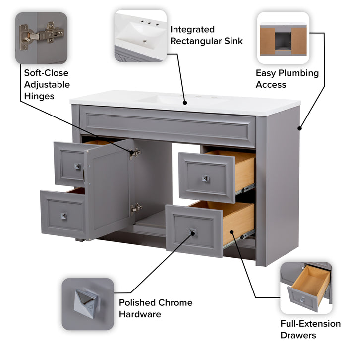 features of Nimay 48.25-in single-sink gray bathroom vanity with 4 drawers, cabinet, white sink top