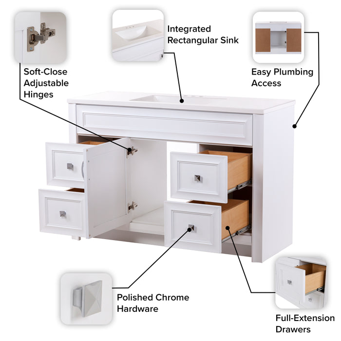 Features of Nimay 48.25-in single-sink white bathroom vanity with 4 drawers, cabinet, white sink top