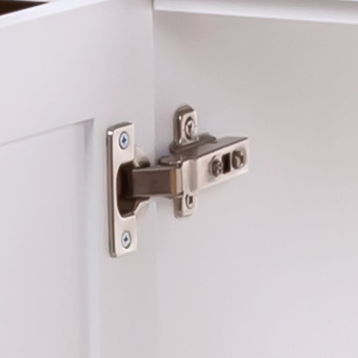 Adjustable hinge on Nimay 60.25-in white double-sink bathroom vanity with 2 cabinets, 6 drawers, and sink top