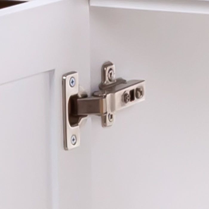 Adjustable hinge on Nimay 48.25-in single-sink white bathroom vanity with 4 drawers, cabinet, white sink top