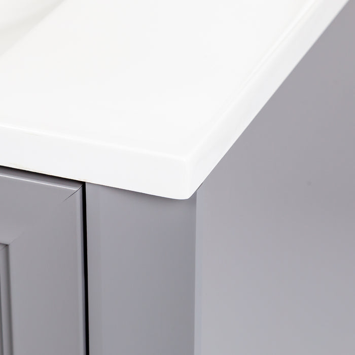 Corner closeup on Nimay 60.25-in gray double-sink bathroom vanity with 2 cabinets, 6 drawers, and sink top