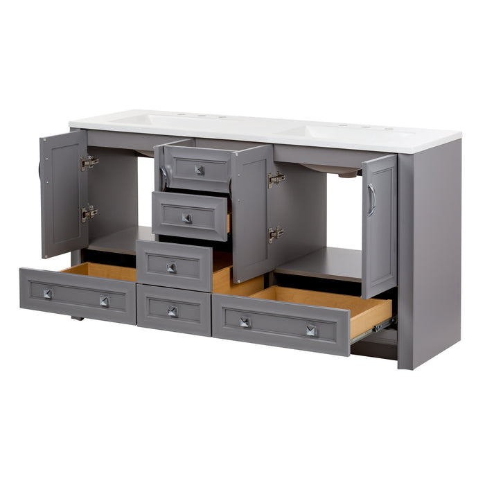 Open cabinets and drawers on Nimay 60.25-in gray double-sink bathroom vanity with 2 cabinets, 5 drawers, and sink top