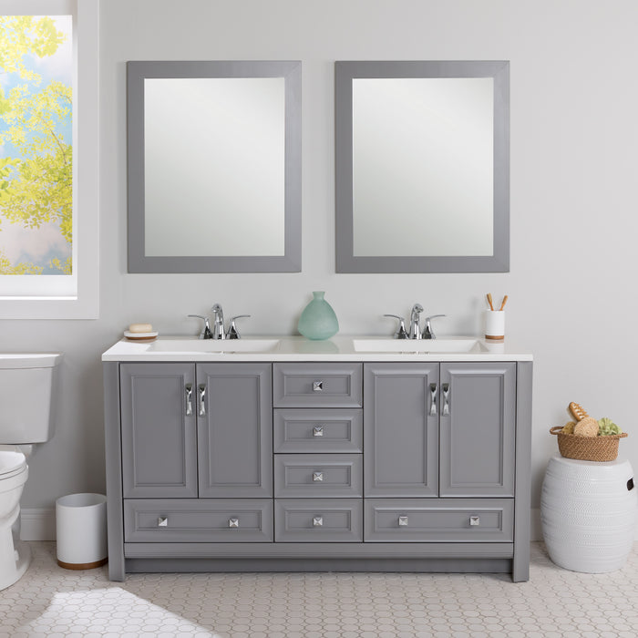 Nimay 60.25-in gray double-sink bathroom vanity with 2 cabinets, 6 drawers, and sink top installed in bathroom