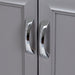 Chrome hardware on Nimay 60.25-in gray double-sink bathroom vanity with 2 cabinets, 5 drawers, and sink top