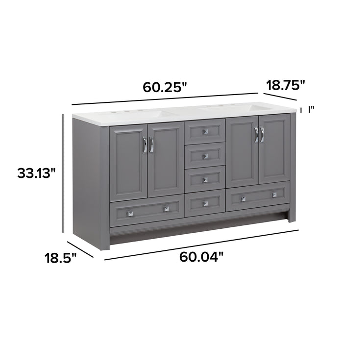 Measurements of Nimay 60.25-in gray double-sink bathroom vanity with 2 cabinets, 6 drawers, and sink top: 60.25-in W x 18.75-in D x 33.13-in H