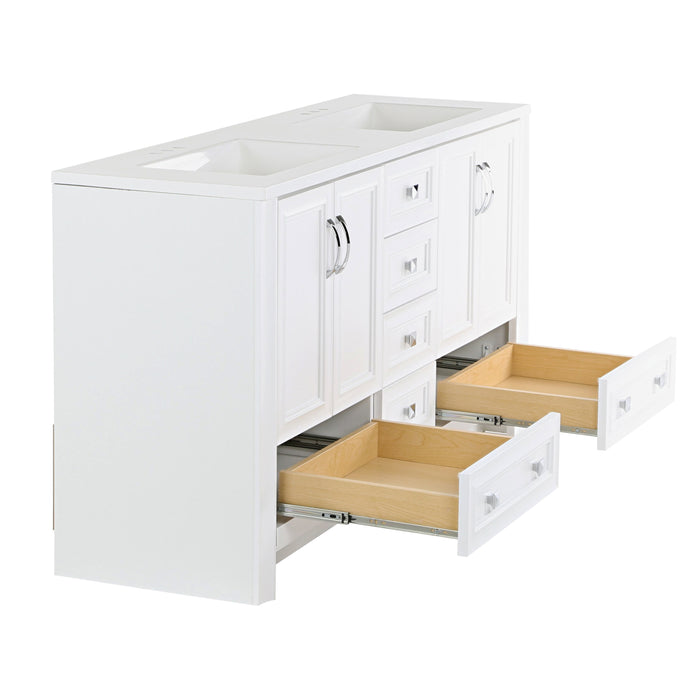 Side view of Nimay 60.25-in white double-sink bathroom vanity with 2 cabinets, 6 drawers, and sink top