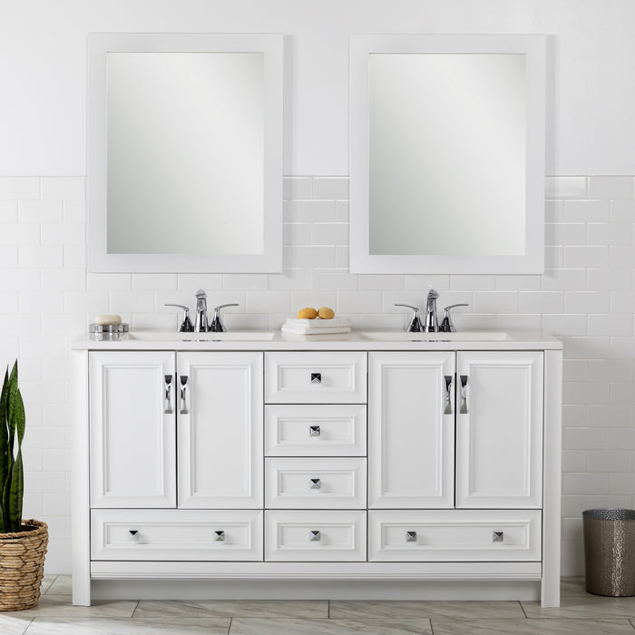 Nimay 60.25-in white double-sink bathroom vanity with 2 cabinets, 6 drawers, and sink top installed in bathroom