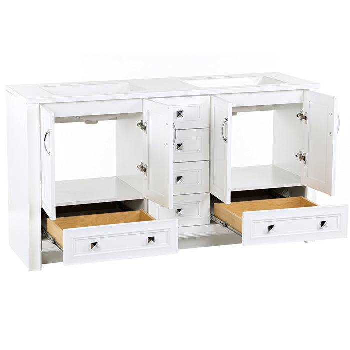Open cabinets and base drawers on Nimay 60.25-in white double-sink bathroom vanity with 2 cabinets, 6 drawers, and sink top