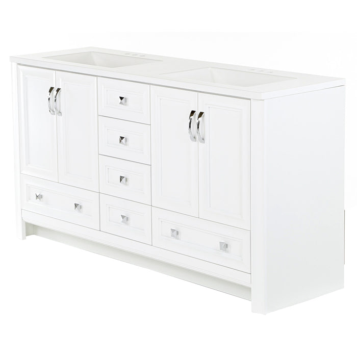 Side view of Nimay 60.25-in white double-sink bathroom vanity with 2 cabinets, 6 drawers, and sink top