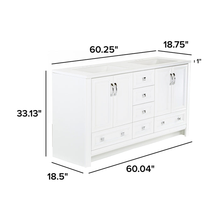 Measurements of Nimay 60.25-in white double-sink bathroom vanity with 2 cabinets, 6 drawers, and sink top: 60.25-in W x 18.75-in D x 33.13-in H