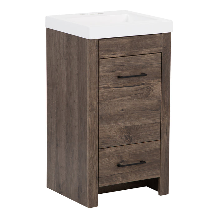 Left side view of Nixie 18.5" wide woodgrain bathroom vanity with 1 door, 1 drawer, 2 black handles, white sink top