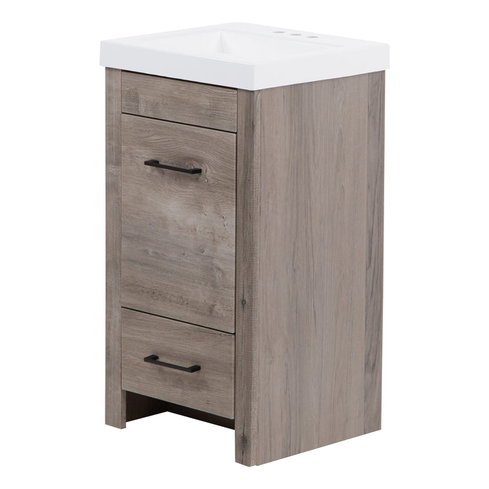 Right side view of Nixie 18.5" wide woodgrain bathroom vanity with 1 door, 1 drawer, 2 black handles, white sink top