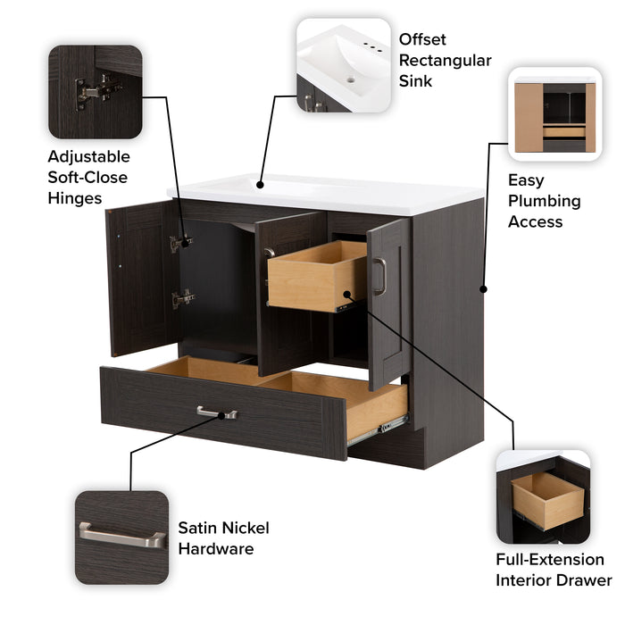 36.25" 2-Cabinet, 2-Drawer Bathroom Vanity With Offset Sink