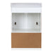 Open back of White bathroom vanity with louvered doors, stone-look top, bottom drawer