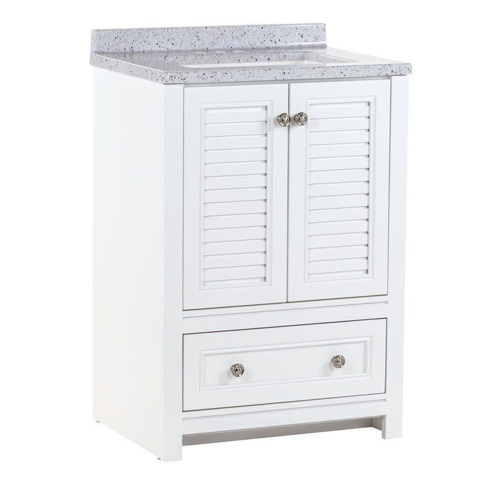 Left side of White bathroom vanity with louvered doors, stone-look top, bottom drawer