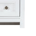 White bathroom vanity with louvered doors, stone-look top, bottom drawer