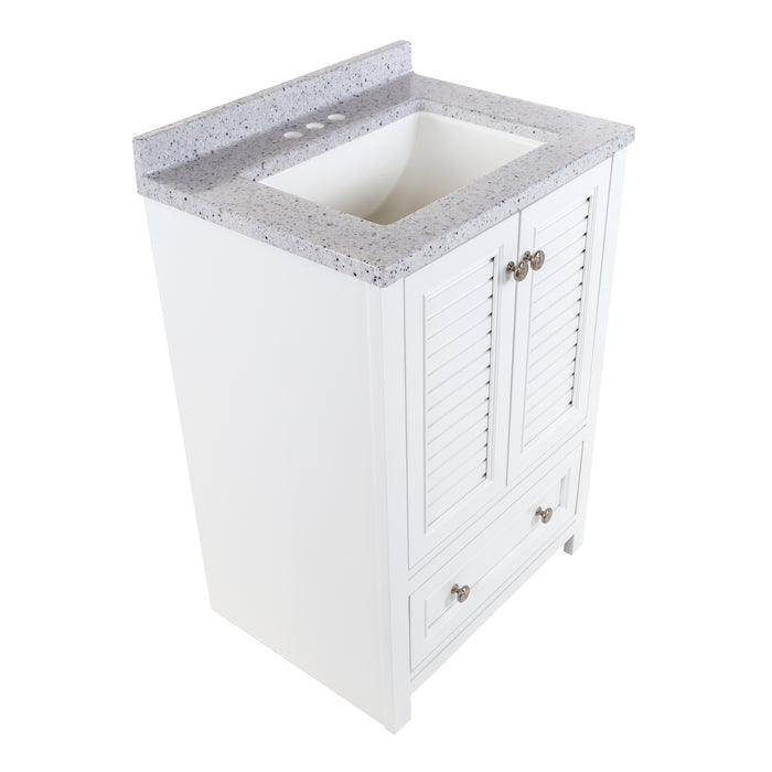 White bathroom vanity with louvered doors, stone-look top, bottom drawer