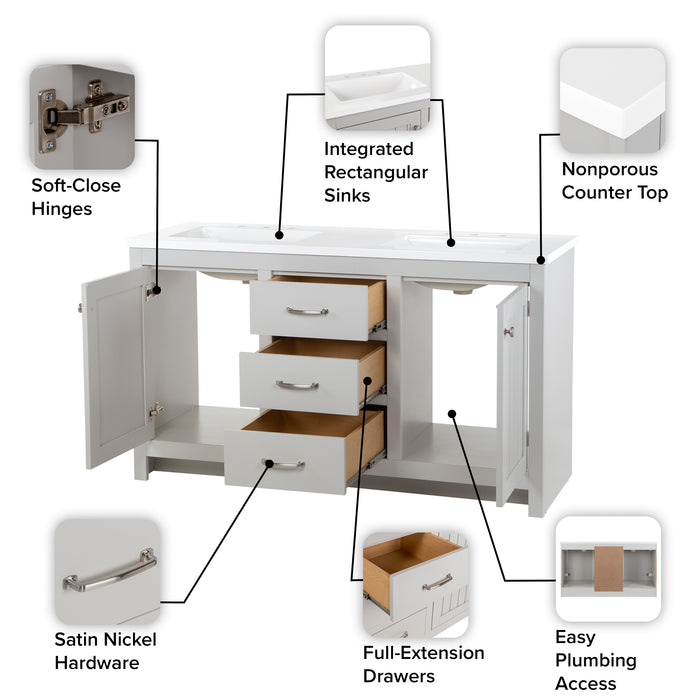 Features of 61 in. Rhiya gray double-sink bathroom vanity with 3 drawers, 2 cabinets, satin nickel hardware, white sink top