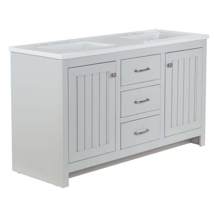 Angled view of 61 in. Rhiya gray double-sink bathroom vanity with 3 drawers, 2 cabinets, satin nickel hardware, white sink top