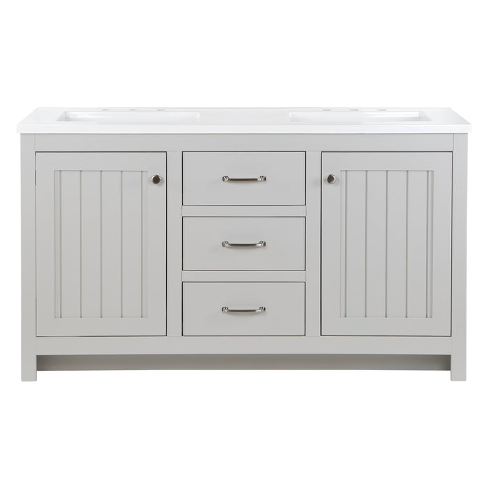 61 in. Rhiya gray double-sink bathroom vanity with 3 drawers, 2 cabinets, satin nickel hardware, white sink top