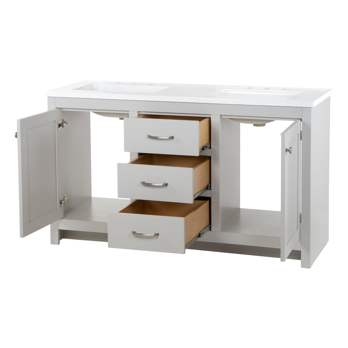 Open doors and drawers on 61 in. Rhiya gray double-sink bathroom vanity with 3 drawers, 2 cabinets, satin nickel hardware, white sink top