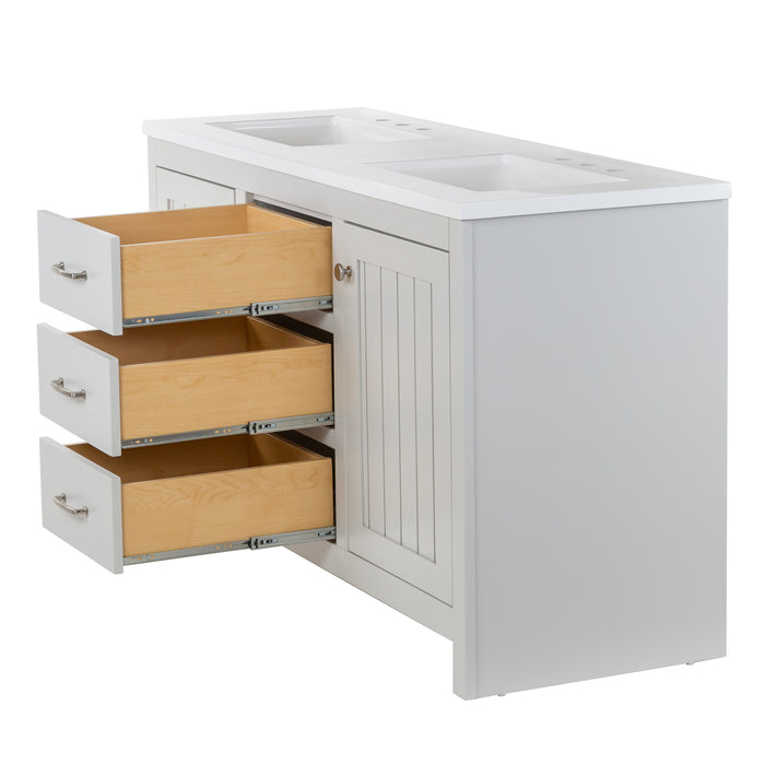 Open drawers on 61 in. Rhiya gray double-sink bathroom vanity with 3 drawers, 2 cabinets, satin nickel hardware, white sink top