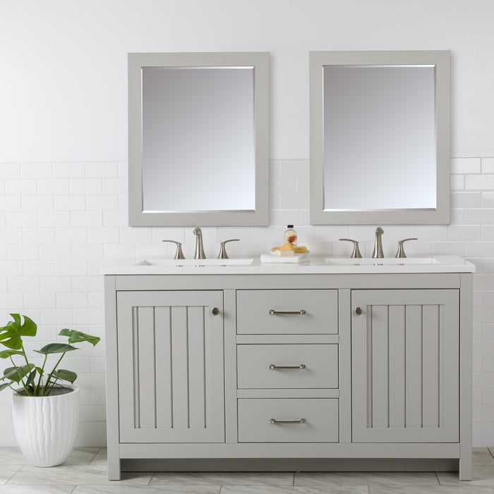 61 in. Rhiya gray double-sink bathroom vanity with 3 drawers, 2 cabinets, satin nickel hardware, white sink top installed in bathroom