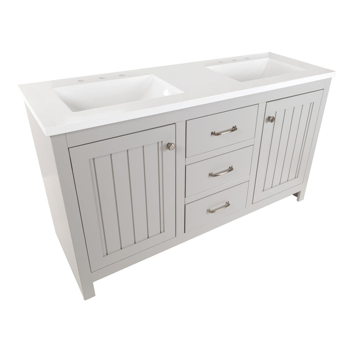 Angled view of 61 in. Rhiya gray double-sink bathroom vanity with 3 drawers, 2 cabinets, satin nickel hardware, white sink top