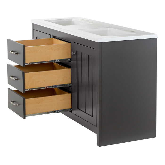 Open drawers on 61 in. Rhiya gray double-sink bathroom vanity with 3 drawers, 2 cabinets, satin nickel hardware, white sink top