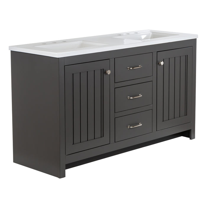 Angled view on 61 in. Rhiya gray double-sink bathroom vanity with 3 drawers, 2 cabinets, satin nickel hardware, white sink top