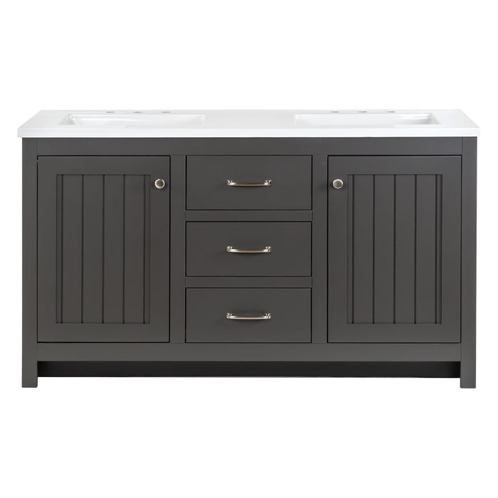 61 in. Rhiya gray double-sink bathroom vanity with 3 drawers, 2 cabinets, satin nickel hardware, white sink top