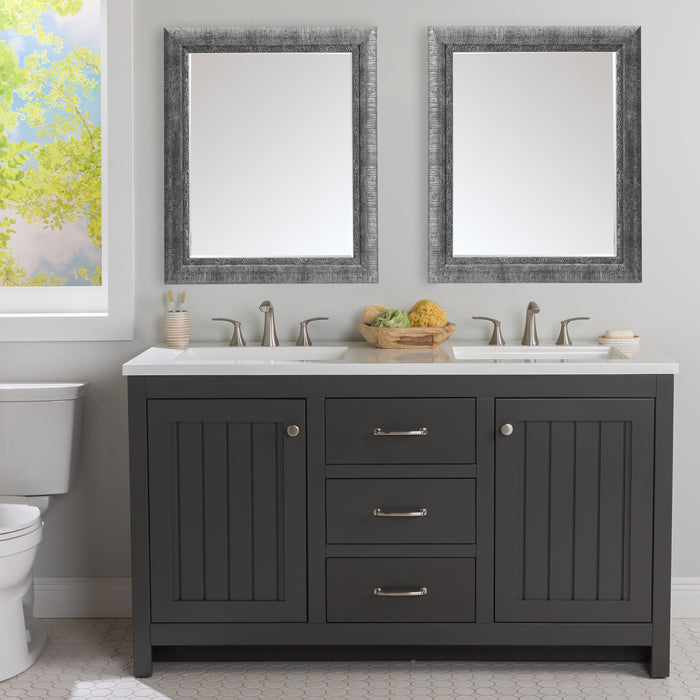 61 in. Rhiya gray double-sink bathroom vanity with 3 drawers, 2 cabinets, satin nickel hardware, white sink top installed in bathroom