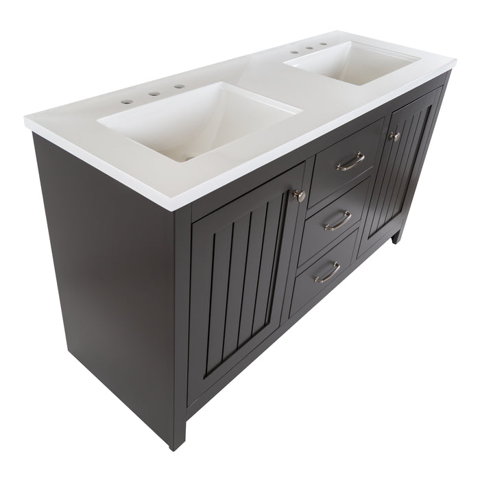 Angled view of 61 in. Rhiya gray double-sink bathroom vanity with 3 drawers, 2 cabinets, satin nickel hardware, white sink top