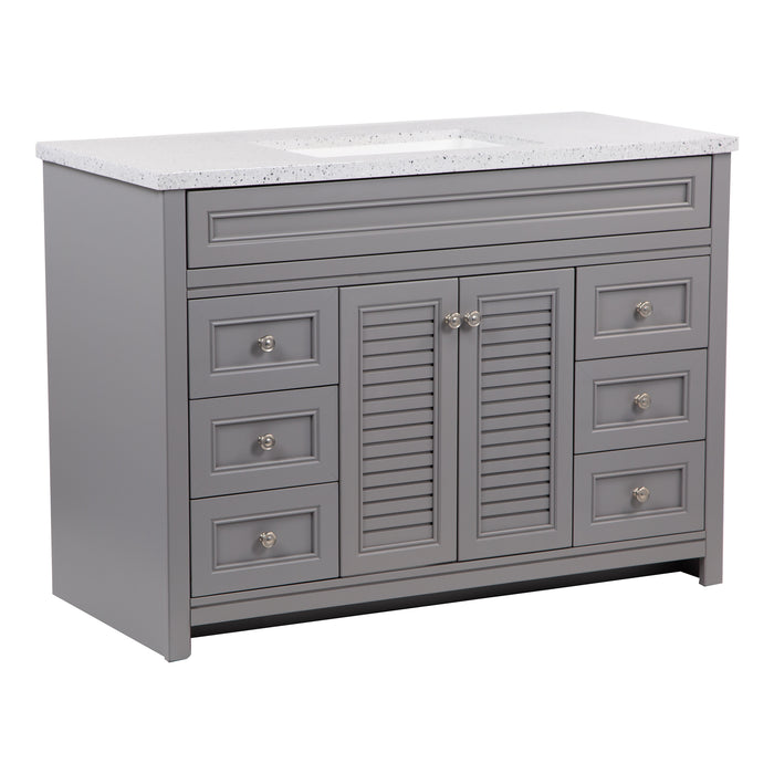 Angled view of 49 in. Rillette gray bathroom vanity with 4 drawers, 2 cabinets, satin nickel hardware, white sink top