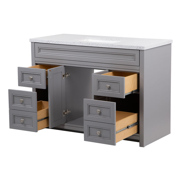 Open doors and drawers on 49 in. Rillette gray bathroom vanity with 4 drawers, 2 cabinets, satin nickel hardware, sink top