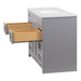 Open drawers on 49 in. Rillette gray bathroom vanity with 4 drawers, 2 cabinets, satin nickel hardware, white sink top