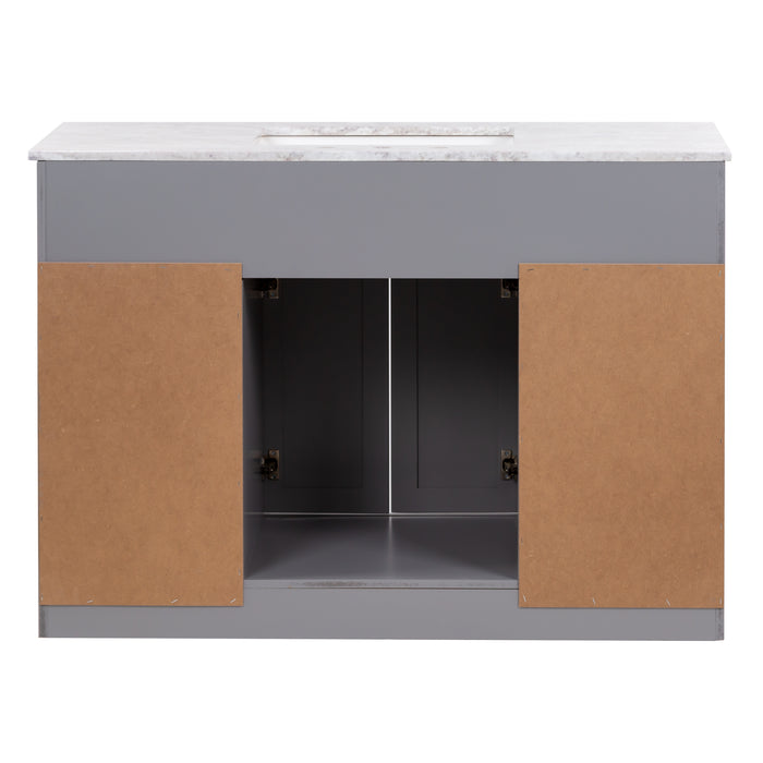 Open back on 49 in. Rillette gray bathroom vanity with 4 drawers, 2 cabinets, satin nickel hardware, sink top